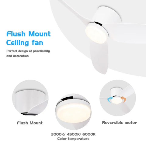 50 Inch Recessed Thin Indoor Ceiling Fan With Lights White 3 Blade Modern Remote DC Silent Motor Quiet Airflow