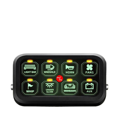 8 Gang Switch Panel With Green LED Indicators And Built In Electronic Relay System for Car and Boat showing 8 labeled switches