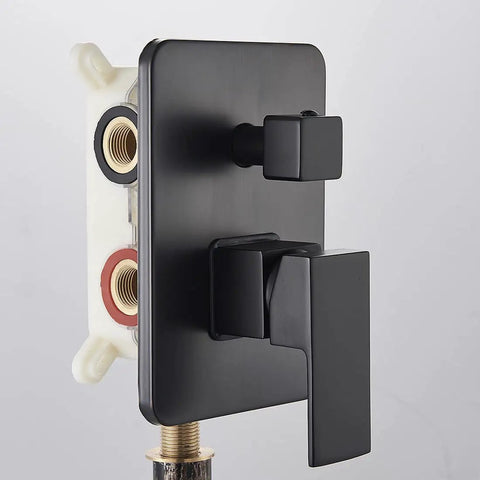 LED Rain Shower System With High Pressure 12 Inch Square Rain Head Handheld Shower Brass Tub Spout Brass Shower Arm Stainless Steel Hose 3 Function Valve Matte Black Bath Faucet Trim Kit Luxury Bathroom Rain Mixer Set - matte black control valve shown in detail with handle and faucet connection