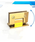 Gold 90-degree T-shaped frameless glass shower door hinge pivot clip for bathroom enclosures, easy swing and super durable hardware.