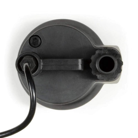 Everbilt SUP54-HD 1/6 HP plastic utility pump, top view, round black housing with power cord and inlet fitting.
