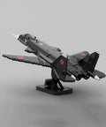 One Thirty-Fifth Scale Su-47 Berkut Fighter Jet Building Blocks Kit displayed on stand, angled rear view.