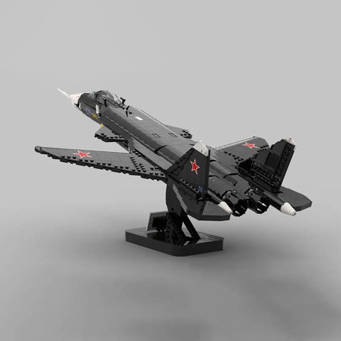 One Thirty-Fifth Scale Su-47 Berkut Fighter Jet Building Blocks Kit displayed on stand, angled rear view.