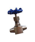 Front view of Butt Weld High Pressure Needle Valve for industrial fluid control, blue handle, J63Y160P Series, stainless steel body.
