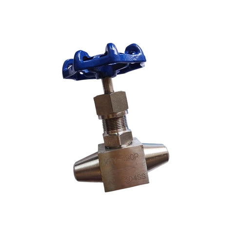 Front view of Butt Weld High Pressure Needle Valve for industrial fluid control, blue handle, J63Y160P Series, stainless steel body.