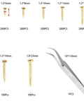 Gold Plated Carbon Steel Tiny Nails Kit For Woodworking And Diyers, 1200Pcs Micro Nails In 7 Sizes M1.2x6 M1.2x8 M1.2x10 M1.2x13 M1.2x16 M1.5x19 M1.8x23 With Tweezers, Rust Resistant, Great For Fine Woodworking image showing various nail sizes and tweezers.