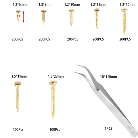 Gold Plated Carbon Steel Tiny Nails Kit For Woodworking And Diyers, 1200Pcs Micro Nails In 7 Sizes M1.2x6 M1.2x8 M1.2x10 M1.2x13 M1.2x16 M1.5x19 M1.8x23 With Tweezers, Rust Resistant, Great For Fine Woodworking image showing various nail sizes and tweezers.