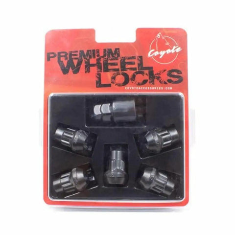 Five Beefy Locking Wheel Lug Nuts With Key For Aftermarket Wheels One Half Inch To Twenty Thread Closed End Bulge 1.65 Inch Long Black