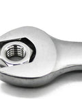 Close-up of a wrench gripping an 8 Pack Slick M10 X 1.25mm Fine Metric Hex Flange Nut Built From Tough 304 Stainless Steel.