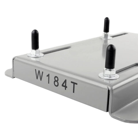 184T frame electric motor base mount; silver metal base with black plastic posts and W184T marking (front view).