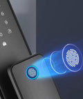 Close-up of fingerprint scanner on Fingerprint Smart Lock, showcasing keypad and unlocking feature for security.