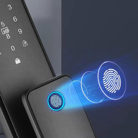 Close-up of fingerprint scanner on Fingerprint Smart Lock, showcasing keypad and unlocking feature for security.