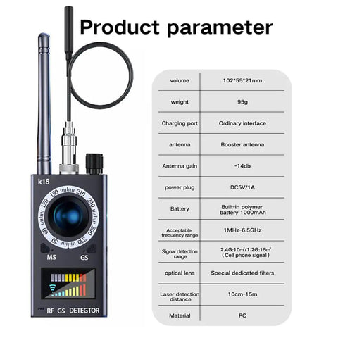 All In One Spy Detector Kit With 10 Level Sensitivity And 5 Detection Modes For Hidden Cameras, Listening Devices, GPS And RF Signals, Electronic Sweeper With 48 Hour Battery Life For Home, Office, Hotels Or Cars Privacy Checks. k18 handheld PC device with antenna and specs chart