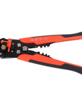 Red Automatic Wire Stripping And Crimping Pliers, high carbon steel tool for cutting and stripping cables, multi-functional design.