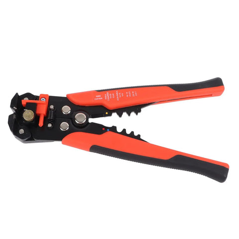 Red Automatic Wire Stripping And Crimping Pliers, high carbon steel tool for cutting and stripping cables, multi-functional design.
