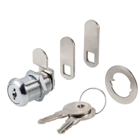 Cabinet Cam Lock Set 1-1/8 Inch Cylinder Keyed Alike With 3 Cams And 2 Keys Chrome Finish 4 Pack For Lock It Down Cabinets And Drawers Fits Up To 7/8 Inch Panel Thickness, showing lock components and keys.