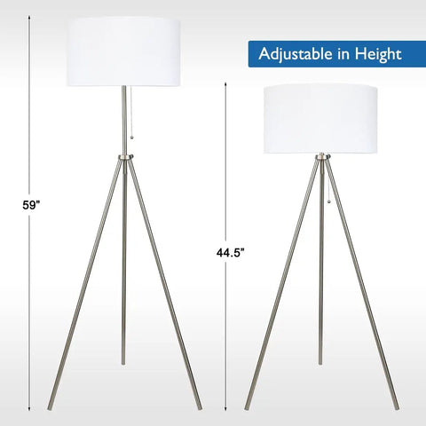 Sturdy Tripod Floor Lamp With Adjustable Height And 100 Percent Metal Body, Linen Drum Shade, E26 Socket, Brushed Nickel Finish