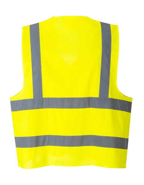 Back view of Straight Up Job Site Approved Flame Resistant High Visibility Safety Vest En Iso Certified Polyester Workwear.