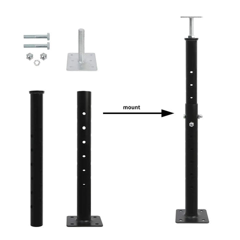 Adjustable Floor Jacks 19 To 35 Inches For Leveling Beams Decks Crawl Spaces And Basements Heavy Duty Steel Support Posts 4 Pack Ideal For Home Renovation Construction And Structural Shimming, shown disassembled with components and mounting direction.