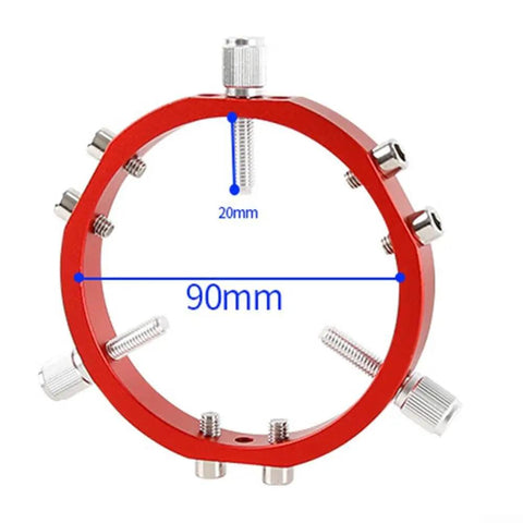 90mm CNC engineered aluminum fixing ring for photography gear and telescopes with precise lens alignment shown in red.