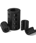 Rigid Shaft Coupling With Double Split Clamp Heavy Duty Build Bore 0.625 To 0.625 Outer Diameter 1.3125 Inches Length Two Inches Set Screws Ten Thirty Two By Half Inch Black Oxide 45C Steel ASTM 1045 shown with split clamp design