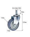 Hassle Free 4 Pack Heavy Duty 3 Inch Swivel Rubber Caster Wheels With Brake Threaded Stem Mounts For workshop furniture showing dimensions.