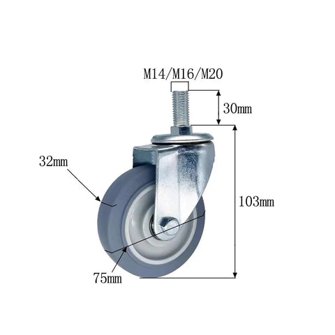 Heavy Duty Rubber Caster Wheels Set Of Four With Bulletproof Swivel Brakes And M14 M16 M20 Threaded Stems, 75mm rubber wheel.