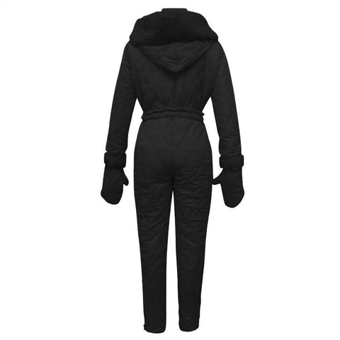 Back view of All Weather One Piece Snow Suit For Women And Men Waterproof Windproof Insulated Jumpsuit Black XL with hood