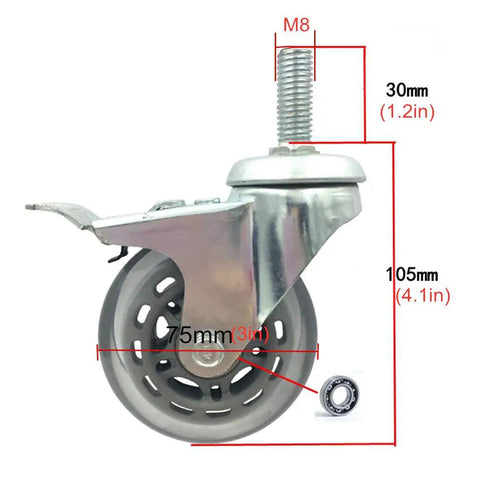 Heavy Duty Polyurethane Swivel Casters With Brake And Solid M8 Threaded Stem Set Of Four, showing 75mm wheel and 105mm height.