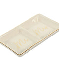 Premium Ceramic Jewelry Dish With Shimmering Gold Trim Dual Grid Holder For Ring And Bling Stash Small Trinket Catchall Plate Keeping It Tidy. Square dish with "Mr" and "Mrs" design.