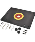 Dead On Accurate Nine By Twelve Inch Router Table Insert Plate with rigid base and hardware components for precise routing.