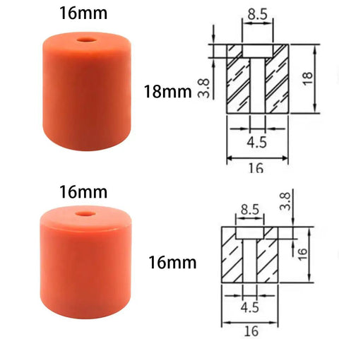 Silicone Bed Mounts And Spacers Kit for 3D Printers Heat Bed Leveling Replacement Parts, showing 16mm and 18mm spacers diagram.