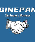 Illustration of handshake with text 'GINEPAN Engineer's Partner' on blue background