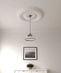 Ceiling Medallion With Thirty Five And One Eighth Inch Outer Diameter And Four And Seven Eighth Inch Inner Opening, installed with light