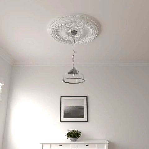 Ceiling Medallion With Thirty Five And One Eighth Inch Outer Diameter And Four And Seven Eighth Inch Inner Opening, installed with light