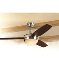 Brushed Nickel Ceiling Fan With Light And Remote, 52 Inch Diameter, installed indoors, wooden blades, suitable for big rooms, with LED light.