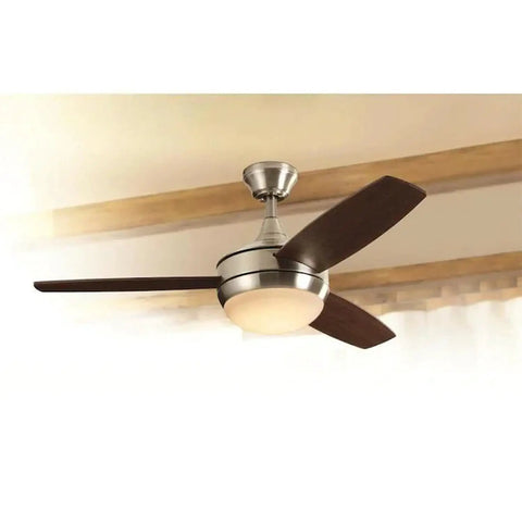 Brushed Nickel Ceiling Fan With Light And Remote, 52 Inch Diameter, installed indoors, wooden blades, suitable for big rooms, with LED light.