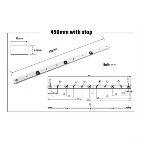 Diagram of Lightweight Aluminum T Track Slot And Miter Bar Slider For Table Saw 6061 Aluminum Precision Guide Rail 450mm with dimensions