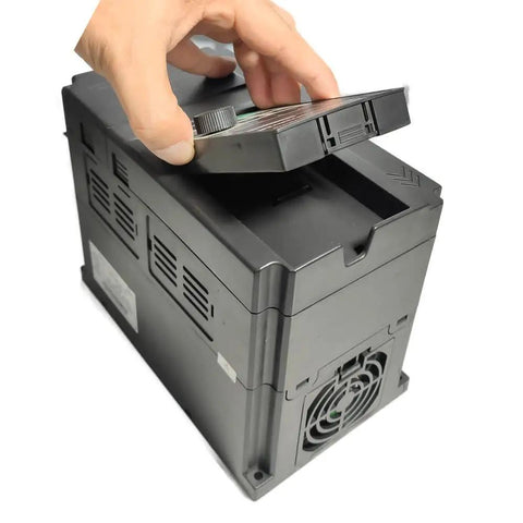 2HP 110V Input VFD to 220V Output Motor Drive shown with removable panel, illustrating easy hookup and adjustment.