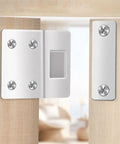 Magnetic Cabinet Door Catch with Strong Hold Steel Latch installed on wooden door, silver finish, 43x38mm with screws