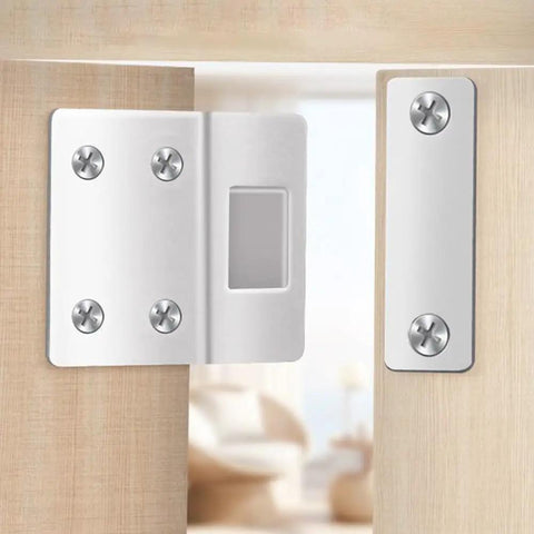 Magnetic Cabinet Door Catch with Strong Hold Steel Latch installed on wooden door, silver finish, 43x38mm with screws