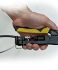 Pro Grade Heavy Duty Compression Crimper For Wire And Coaxial Cabling With Indoor And Outdoor Use shown in hand action