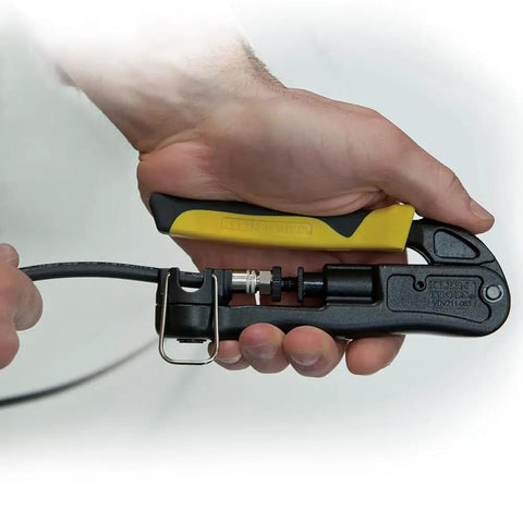 Pro Grade Heavy Duty Compression Crimper For Wire And Coaxial Cabling With Indoor And Outdoor Use shown in hand action