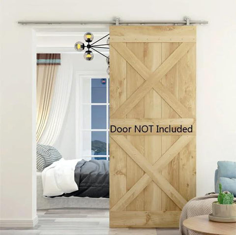 Integrated Soft Close Sliding Barn Door Hardware Kit In Brushed Stainless Steel, Top Mount Track System installed above bedroom entry