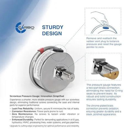 CARBO pressure gauge, 2-1/2 inch, stainless steel case, chrome-plated brass 1/4 in NPT back mount, liquid-filled