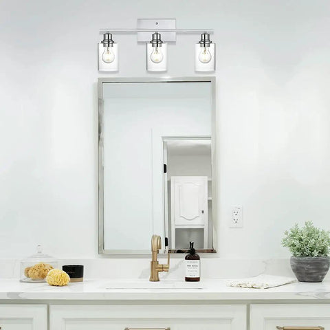 Three Light Chrome Vanity Wall Light With Clear Glass Shade For Modern Bathrooms And Powder Rooms Dope Wall Sconce Fixture For Hallways And Mirror Accent