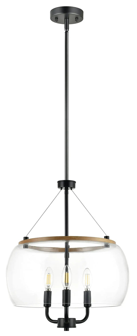 Orono 3 Light On Trend Modern Farmhouse Black Pendant Ceiling Light With Wood Accent And Clear Glass Shades for kitchen island