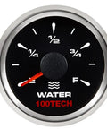 Water Level Gauge For Boats RVs And Trucks Easy Install Tank Sensor With Calibrate Button Compatible With 0-190 Ohm To 10-180 Ohm Ranges Marine And Vehicle Use Black, close-up of black 52mm dial with indicators and red needle.