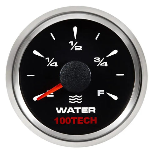 Water Level Gauge For Boats RVs And Trucks Easy Install Tank Sensor With Calibrate Button Compatible With 0-190 Ohm To 10-180 Ohm Ranges Marine And Vehicle Use Black, close-up of black 52mm dial with indicators and red needle.