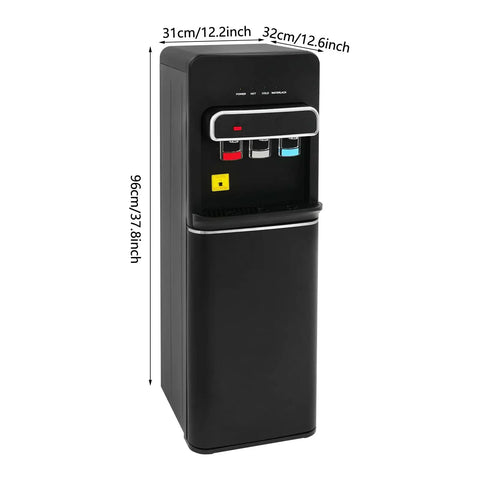 Black bottom loading water cooler dispenser for 5 gallon bottle with cold warm and hot settings, child lock, and low water indicator light.